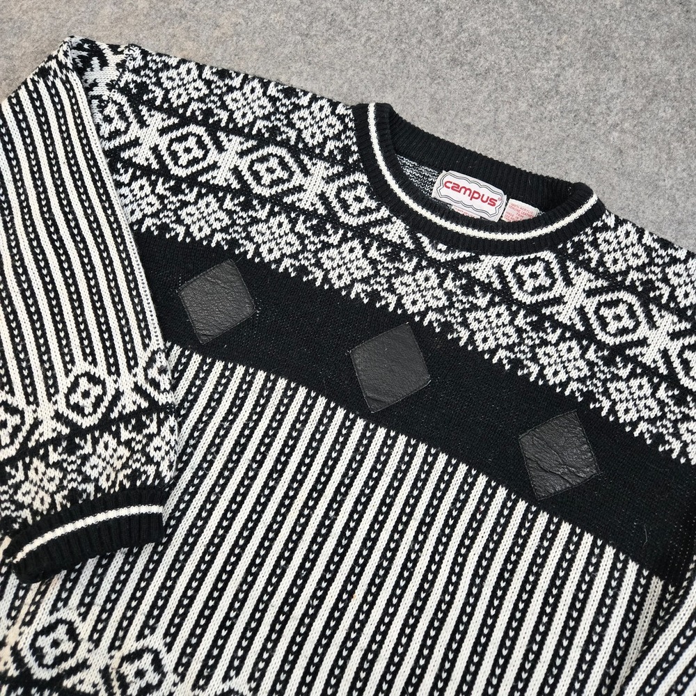Vintage Campus Sweater Mens L Black White Knit Leather Geometric Snowflake 90s